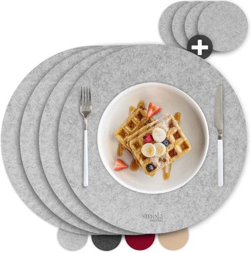 smøla Lot de 8 sets de table en feutre de qualité supérieure – Ronds avec dessous de verre I Sets de table lavables gris I Sets de table avec dessous de verre en feutre pour assiettes, verres I