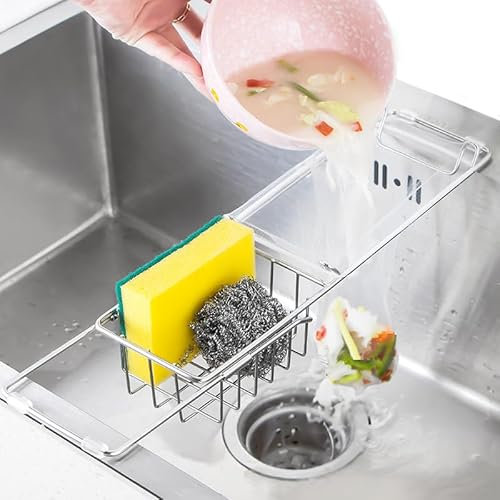 Kitchen Sink Strainer Expandable Sink Drain Basket Retractable with 100 Mesh Net Bag Prevents Clogs, Keeps Drain Clean, Convenient Food Catcher for Garbage Disposal, Stainless Steel
