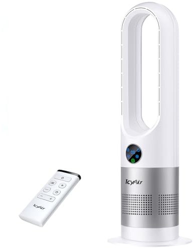 IcyAir Rotorloser Ventilator, Turmventilator sehr Leise, 35 dB, 90° Oszillation, 8 Geschwindigkeiten, 9H Zeitschaltuhr, Kindersicher, LED-Anzeige, Ventilator Schlafzimmer Leise mit Fernbedienung