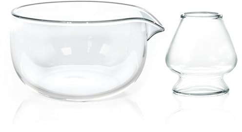 CAMATET Matcha Bowl and Whisk Holder Set, Glass Matcha Bowl with Spout, Ceremonial Mixing Chawan, Clear Traditional Japanese Matcha Kit for Tea/Matcha Powder/Soup - Hammer Pattern