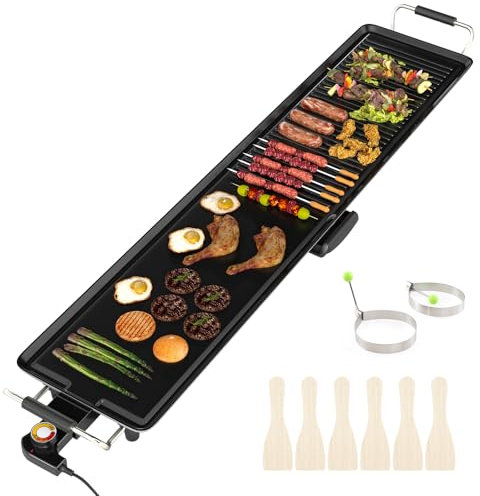 GiantexUK Electric Teppanyaki Grill Table, 1800W Adjustable Temperature BBQ Griddle with Non-Stick Top, Wooden Spatulas & 2 Egg Rings, Easy Clean Barbecue Hot Plate (116 × 24cm, Die-casting Aluminum)
