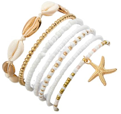 JEYORZY 7 Stück Sommer Beach Stil Metall Seestern & Muschel Perlen für Damen, Boho-Schmuck, Wasserfest, Sommer Accessoires, Fussketten mit Seestern und Muscheln für Frauen Damen Mädchen Strand Schmuck