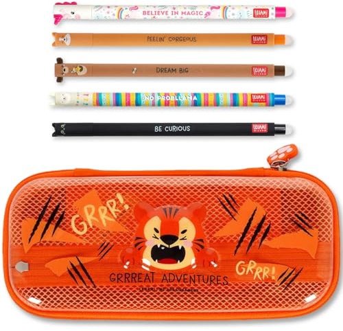 LEGAMI WonderWow Federmäppchen & radierbarer Stift | Set mit 5 niedlichen Tierstiften mit thermosensitiver Tinte + Federmäppchen mit 2 Fächern (Tiger)