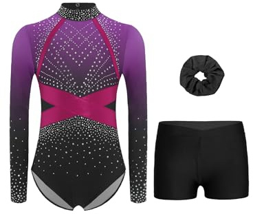Miutii Mädchen Turnanzug Glitzer Gymnastikanzug Langarm Ballettanzug mit kurze Hose Haarband Gymnastik Leotard Eislaufen Tanzkostüm