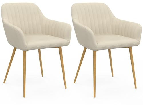 IDMarket – Juego de 2 sillas de comedor, sillones de mesa acolchados, línea de terciopelo beige, patas efecto madera