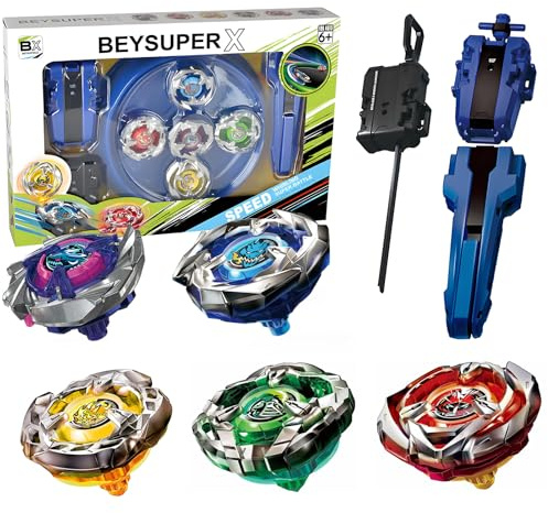 Burst X - Juego de peonzas, 5 unidades, con 2 lanzadores y 1 mango, fusión de metales, peoncillo, juguete de batalla para niñas y niños