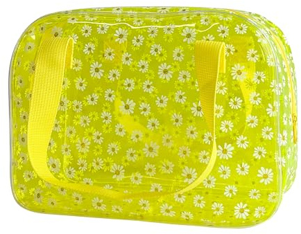 TotePrint große Kosmetiktasche Mode Gänseblümchen Muster Transparente Make-up-Tasche Damen PVC Wasserdicht, 26 cm x 19 cm x 10 cm (Gelb-Grün+Gewebte Handgelenke)