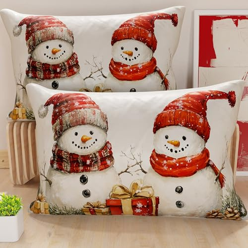 Petti Artesanos Italianos - Par de Microfibra de 30x50 cm, Fundas de Almohada Navideñas, Cojines Decorativos Navideños Dormitorio, Juego de 2 Fundas de Cojín, Funda de Almohada Muñeco de Nieve 01