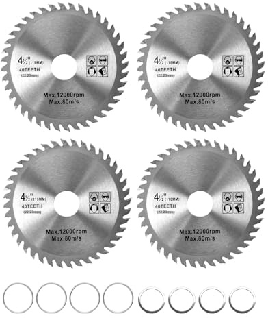 Bettinay 4 Pcs Angle Grinder Wood Cutting Discs 115mm Diameter, 22.23mm Bore 40 Teeth 12000 RPM Carbide Wood Circular Saw Blades