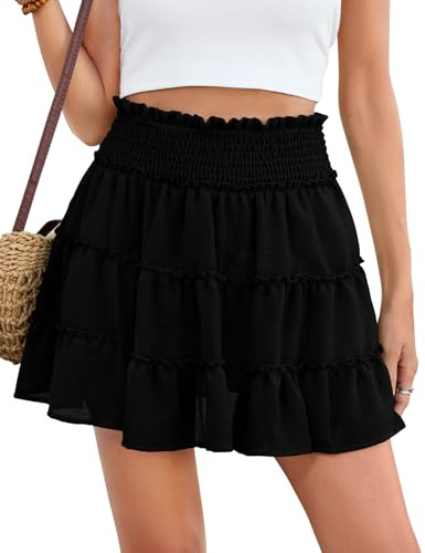 PASUDA Faldas Mujer Verano Mini Elegante Ligeros Fluido Minifalda Sueltos Cintura Alta Elástica Casual Corta Falda de Playa Comodo Fresco con Short Forro