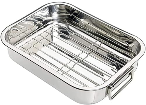 Stainless Steel Roasting Tin with Rack Heavy-Duty Oven & Dishwasher Safe Cookware Rectangular Roaster for Chicken Vegetables & Meat Durable Non-Rust Metal Home & Kitchen 43cm with Handle