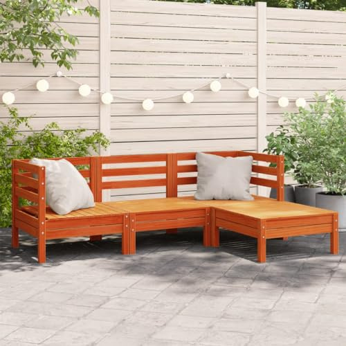 Runheo Gartensofa 3-Sitzer mit Hocker, Wachsbraun Massivholz Kiefer, Modulares Outdoor Loungeset für Terrasse, Balkon, Garten, 190,5x127 cm