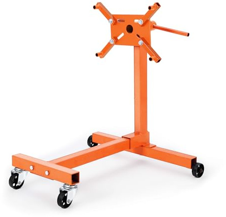 Garvee Support Moteur Rotatif Robuste – Capacité 750 lbs, châssis Acier Pliable, 4 Bras réglables, 4 roulettes Robustes – Parfait pour réparation et Maintenance Automobile, Grue, cric – Orange | 750