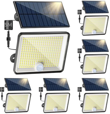 Peasur 6 Stück Solarlampen für Außen mit Bewegungsmelder, 348 LED Solar Strahler Außen, IP65 Wasserdicht Solarleuchten 3 Modi Solarlampe Garten mit 5m Kabel