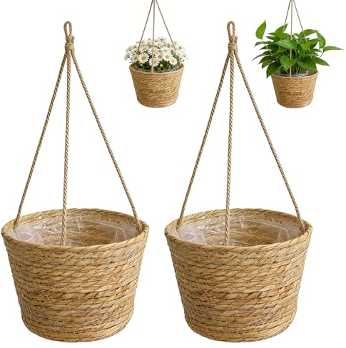 TETEWEVER 2 Stück Blumentopf Hängend Seagrass Hängetopf für Pflanzen | Blumenampel Hängender Blumentopf Innen Hängender Pflanzenkorb, Hängeampel Pflanzen für Wohnkultur Drinnen Draußen
