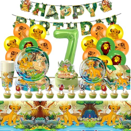 Paquete de decoración de fiesta de 84 piezas de Rey León, decoración de cumpleaños para niños de 7 años, vajilla de cartón, platos, vasos, globos, decoración de fiesta para 10 personas