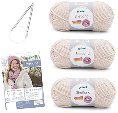 Gründl Wolle Shetland, Strickset aus 3 x 100 g Knäuel (80 % Polyacryl, 20 % Wolle) + Stricknadel in Stärke 8 + Strickanleitung, creme melange