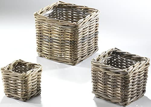Kobolo Übertopf Rattankorb Pflanzkorb 3er Set eckig - Rattan - grau