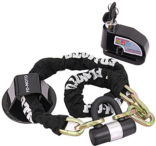 FD-Moto Chain Lock + Black Alarm Brake Disc Lock + Ground Anchor (2 Bolts) | 1.2M*10mm Black/White Steel Heavy Duty for Motorbike Motorcycle Scooter Bike Bicycle