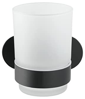 WENKO Turbo-Loc Zahnputzbecherhalter Uno Orea Black Matt, Befestigen ohne bohren, abnehmbarer Zahnbecher aus satiniertem Glas, hochwertige Halterung aus rostfreiem Edelstahl, 10 x 9,5 x 10 cm