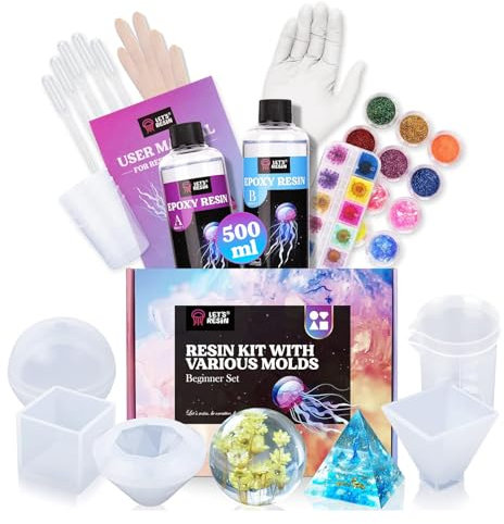 LET'S RESIN Epoxy Resin Kits for Beginners with Moulds, 500ml Epoxy Resin Crystal Clear Kit with Sphere, Cube, Pyramid, Square, Round Resin Moulds