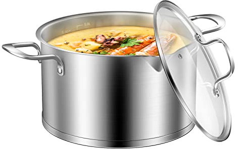 Faitout 24 cm marmite à induction en acier inoxydable 5 litres, avec couvercle en verre pour verser, trou vapeur, échelle de mesure, bec verseur, va au four, va au lave-vaisselle