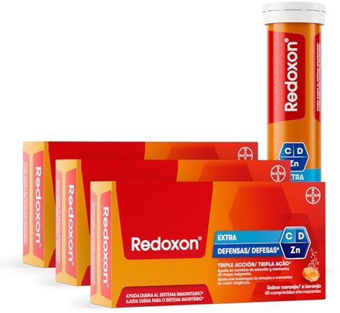 Redoxon Extra Defensas Sabor Naranja, 3x30 Comprimidos Efervescentes | Con 1000 mg de vitamina C, vitamina D y zinc; apoya el sistema inmunitario, sin gluten