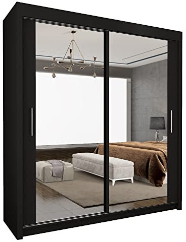 UK SLIDING WARDROBE Modern Full Size Double Mirrors 2&3 Sliding Doors Wardrobe With Adjustable Shelves, Hanging Rails,Bedroom Furniture (Black, 150cm)