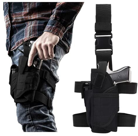 Holster pour Armes, Holster de Pistolet pour la Cuisse pour Hommes Femmes, Holster de Pistolet Airsoft pour droitiers & gauchers avec Poche de Chargeur (Black-L)