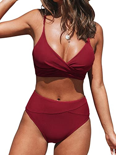 CUPSHE Damen Bikini Set Crossover Bustier High Waist Bikini Bademode Elegant Zweiteiliger Badeanzug Swimsuit | Verstellbare Spaghetti-Träger, weiche, abnehmbare Körbchen, bescheidener Badeanzug für Urlaub und Strand, Poolseite