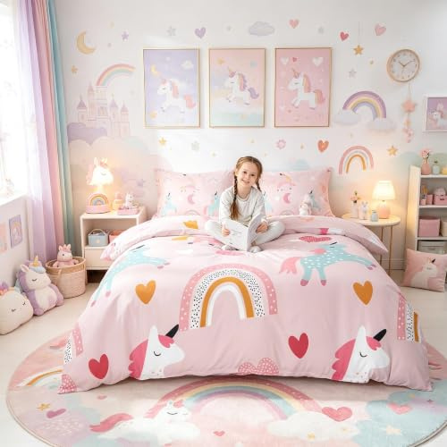 Set di biancheria da letto per bambini con unicorni in stile cartone animato set copripiumino per ragazze colore rosa traspirante con arcobaleno copripiumino matrimoniale con cerniera e 2 federe