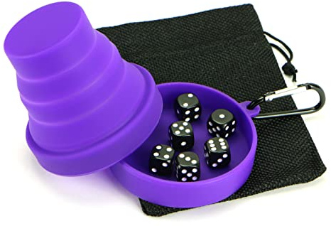 Delta Dynamic Products Travel Dice Cup Set – Folding Silicone Dice Shaker Cup with Lid, Six Dice and Drawstring Bag. Ideal for Farkle, Yatzy, Dudo and other Games.
