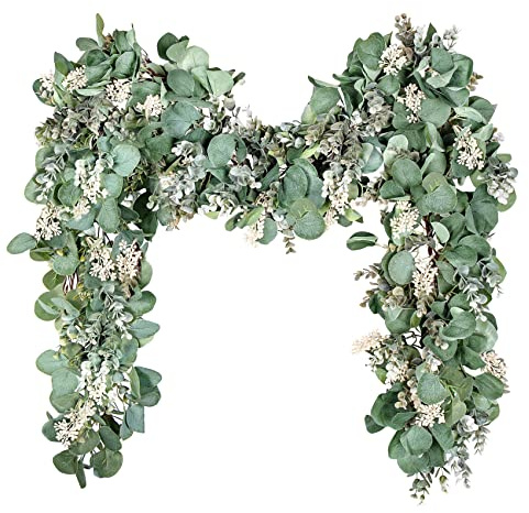 Ouddy Decor Eucalyptus Garland 6.56 Ft Lush Silver Dollar Leaves Boxwood with White Buds Artificial Faux Greenery Vines for Baby Shower Wedding Party Table Runner Room Home Mantle Decor