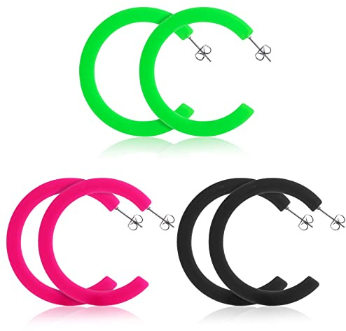 3 Paar Neon Ohrringe Anhänger 80er Vintage Creolen Ohrringe | Bunt 80er Neon Party Kostüm Zubehör Übertriebene Ohrringe 80er 90er Jahre Outfit Damen Accessoires Earrings Aesthetic