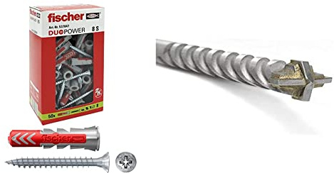 Fischer 50 Tasselli Duopower con Vite, 8 x 40 mm, per Muro pieno, Mattone Forato, Cartongesso, 537647 & D-SDX Punta trapano 8 mm Cilindrica a Quattro Taglienti, per Muro Calcestruzzo e Pietra