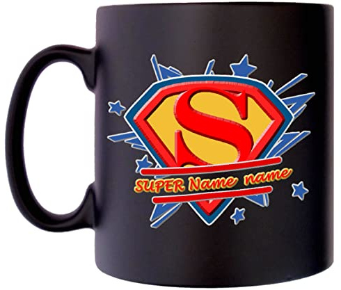 Klassek Personalised Superman Super Dad Styled Custom Your Name Man Mug Coffee Tea 10oz Black Satin Gift Present