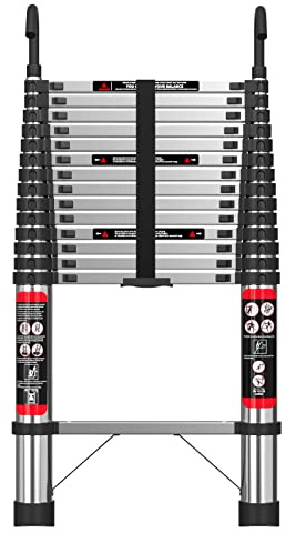 Ausziehleiter 4,4 m mit Haken, Edelstahl, Teleskop-Stehleiter für Mehrzweck-Loft-Dachboden, ausziehbare Leiter, 150 kg, robust, EN131-Standard