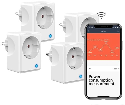 Wlan Steckdosen mit Strommessung, Smart Home Wlan Zeitschaltuhr und Stromzähler Steckdose Funktionieren mit Alexa und Google Home, Smart Life APP, 16A/3680W, Weiß,4 Pack
