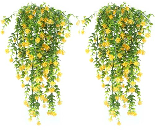 Leixi 4Pcs Artificial Hanging Flowers, UV-Resistant Fake Hanging Plants Flower Bouquet for Wall Home Room Garden Yard Patio Wedding Indoor Outdoor Decoration (Yellow)