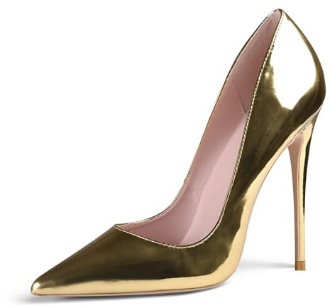 GENSHUO Stiletto a spillo con tacchi alti, 12 cm, scarpe da sera chiuse, laccato/pelle scamosciata, gold, 41 EU