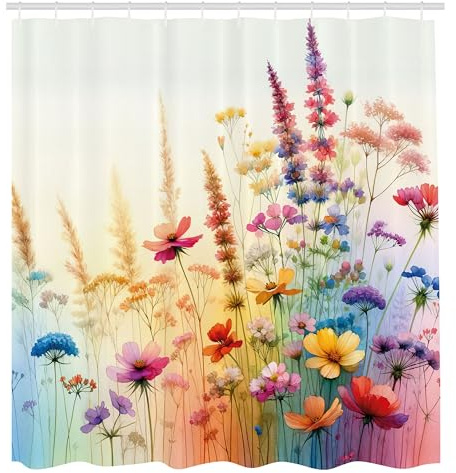 ABAKUHAUS Blumig Duschvorhang, Zarte Wiesenäste und Blumen in sanften Frühlingsfarben Frühlingsfreude, Stoffliches Gewebe Badezimmerdekorationsset mit Haken, 175 x 200 cm, Senfgelb Blau Violett