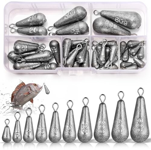 Annyswit 40 Piezas Pequeños Pesa de Pesca Mezclados 10 Tamaños 3.5g 5g 7g 10g 15g 20g 25g 30g 40g 50g Pesas de Plomos de Pesca de Hierro con Giratorio para Pesca en Aguas Profundas & Flotante & el Mar