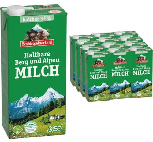 Milch Berchtesgadener Alpenmilch Land H-Milch 3,5% Fett Haltbare Milch Bergbauern-Milch, je 1 Liter, 12 Stück+ pufai
