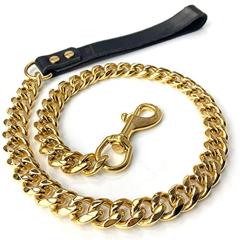WEedsy Gold Ketten Leine für große Hunde Metall kau Beweis 19 mm Voll geschweißte Edelstahl-Haustier Leine Kette mit gepolstertem Leder Griff