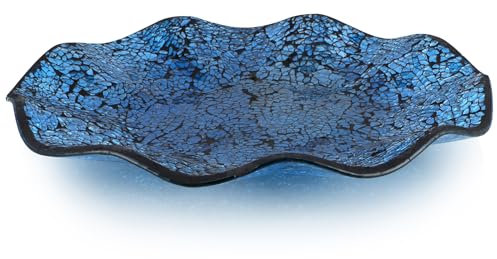 BIMUYI Mosaic Decorative Glass Tray, Centerpiece Plate, Diameter of 29.5cm, Wave Shape Glass Bowl (Turquoise)