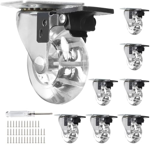 SWAWIS Juego de 8 Ruedas para Muebles 50mm Ruedas con Freno Ruedas para Muebles Pesados Ruedas Giratorias Transparentes Carga Máxima 160 kg Ruedas con Placa de Montaje