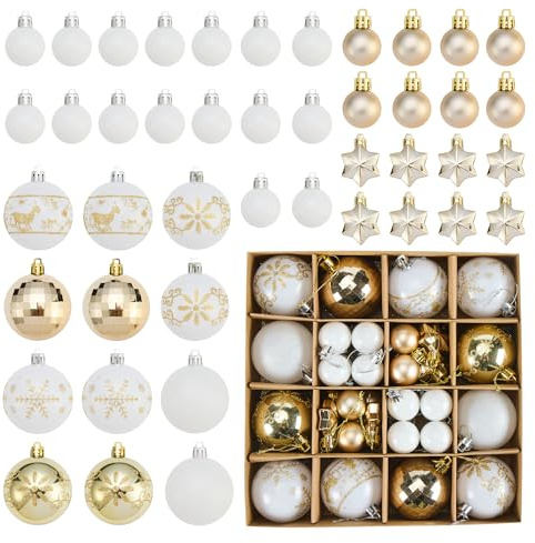 Lot de 44 Boules de Noël en Plastique Blanches et Dorées, Décoration de Sapin de Noël, Décoration de Vacances, Ornements de Vacances pour la fête, Mariage