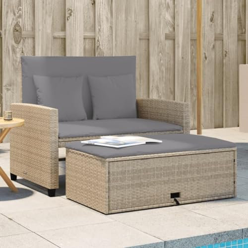IKAYAA Gartensofa Ausziehbar mit Stauraum Liegefunktion 2 Sitzer Lounge Sofa Outdoor Kleines Balkon Sofa Bank Balkonmöbel Rattansofa Sitzbank Balkon Lounge Gartenbank PE-Rattan Polyester