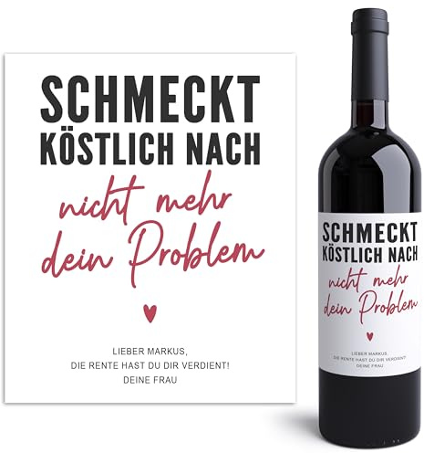 Renteneintritt Weinetiketten personalisiert für Rentnerin 2 Stk. | Personalisiert, selbstklebende Etiketten, 10 x 12 cm, 2 Stück im Set, Geschenk zur Rente