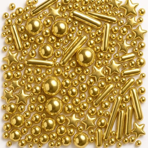 Lozadia 100g Edible Gold Sprinkles Metalic Pearl Star Sprinkles Of Pearl Sugar Cake Sprinkles, Edible Cake Decorations, Sugar Balls for Cupcake Cakes Star Sprinkle On Birthday Wedding Party (Gold XZB)